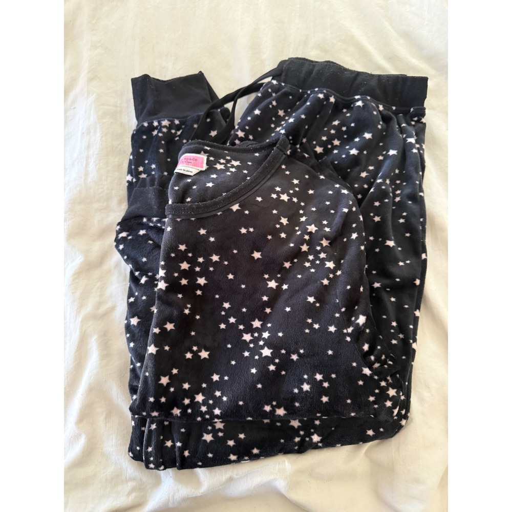 Kate Spade New York Star Print Plush Fleece Pajama Set Black Pink Womens Large